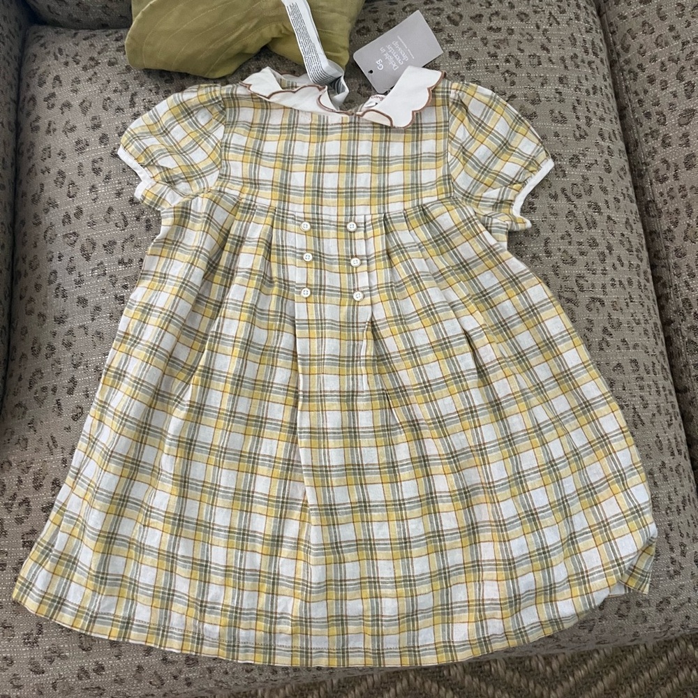 Yellow and White A-line Dress with Puff Sleeves and Peter Pan Collar
